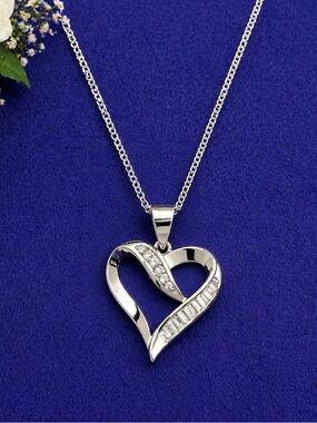 Sterling Silver Heart Pendant Necklace with Clear Stones - Silver